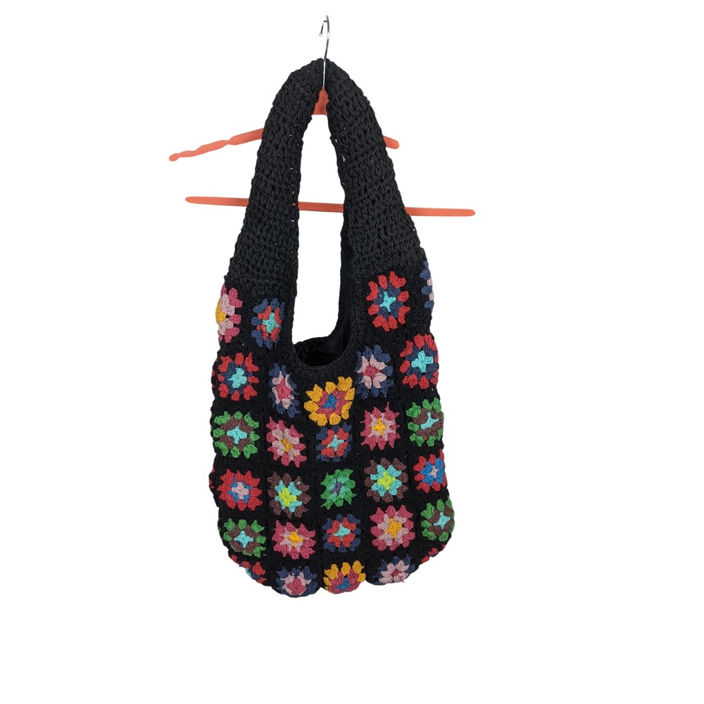 Black Multi Color Granny‎ Square Crochet Hobo Shoulder Bag NB221152 Boho Retro